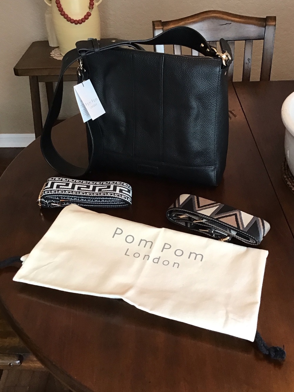 Pom Pom London Black Pebbled Leather Shoulder Bag